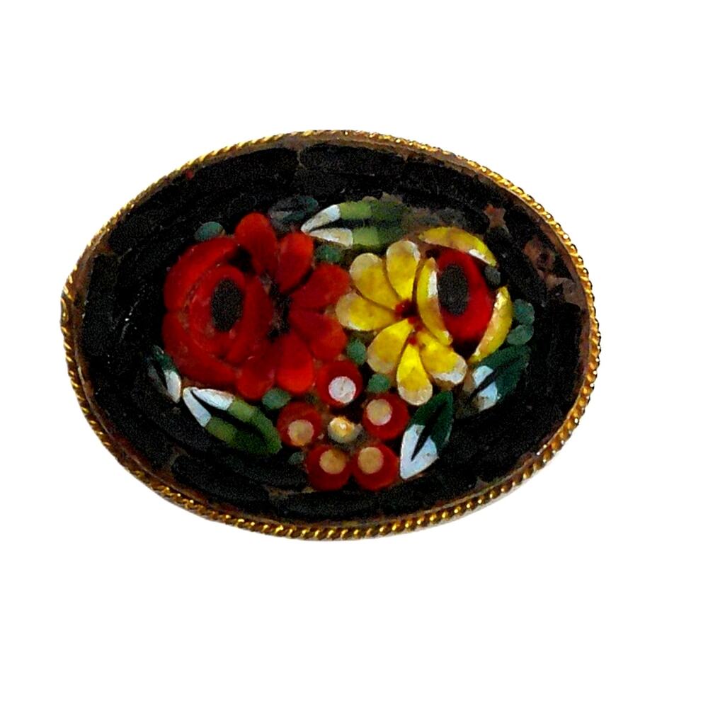 Vintage Italian Micro Mosaic Small Floral Brooch Gold-Tone Rope Frame